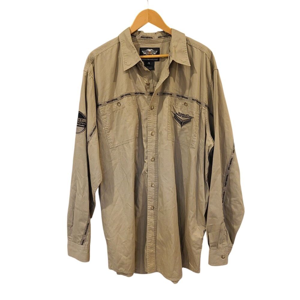 Harley-Davidson Tan‎ Embroidered Cotton Button-Down Shirt Men's 2XL Casual